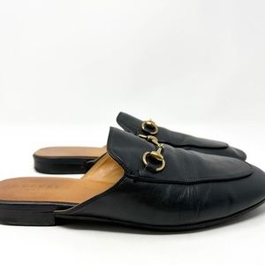Gucci Shoes Princetown Black Leather Round Toe Horsebit Detail Flat Loafer Mules